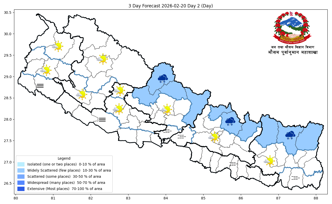 पहाडी तथा हिमाली क्षेत्रमा वर्षा र हिमपातको सम्भावना, तराईमा हुरीको चेतावनी